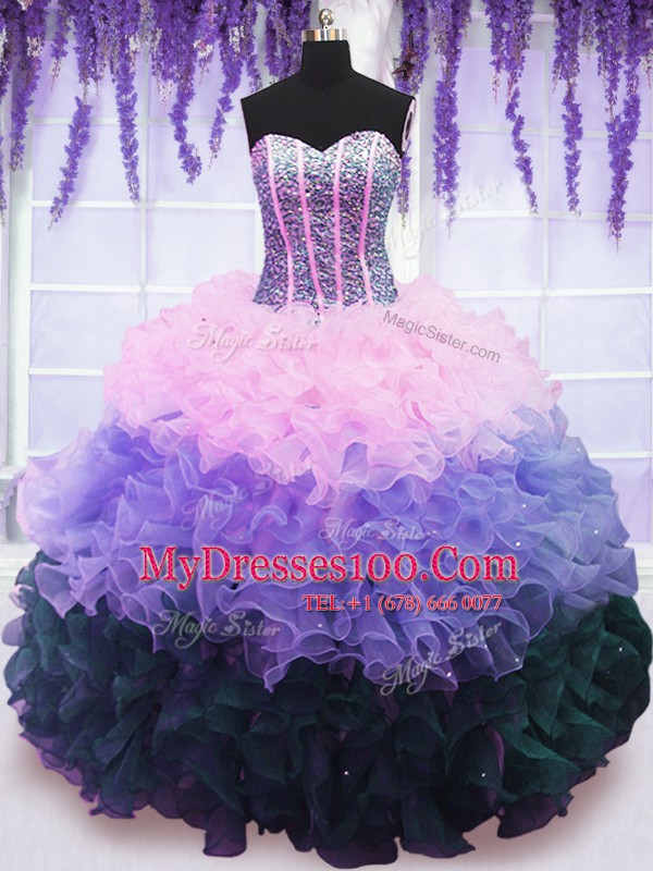 Sweetheart Sleeveless 15th Birthday Dress Floor Length Beading and Ruffles and Ruffled Layers Multi-color Organza
