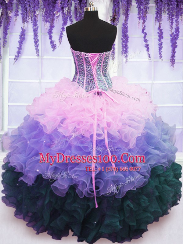 Sweetheart Sleeveless 15th Birthday Dress Floor Length Beading and Ruffles and Ruffled Layers Multi-color Organza