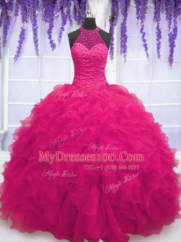 Classical Hot Pink Lace Up Quinceanera Dresses Beading and Ruffles Sleeveless Floor Length