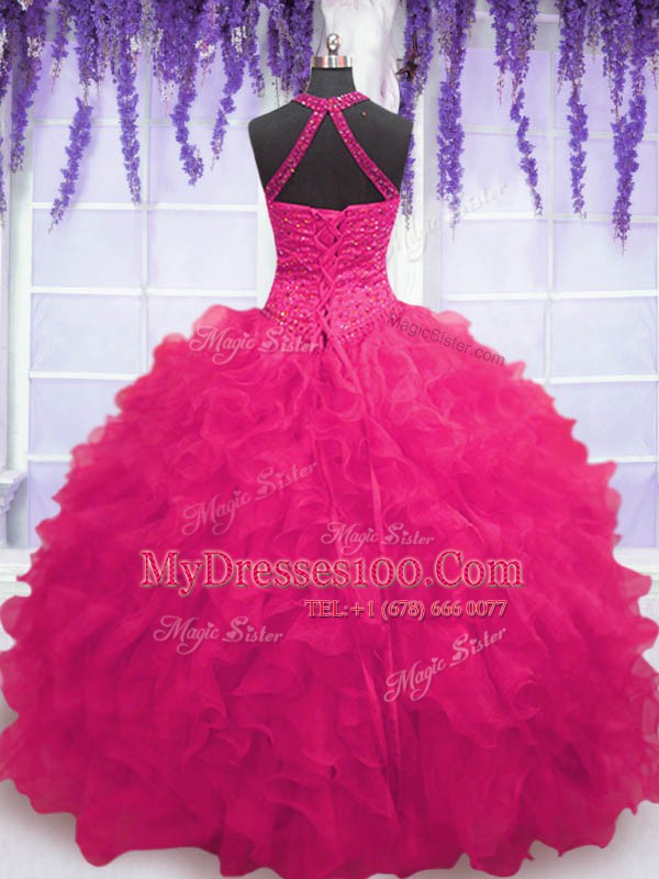 Classical Hot Pink Lace Up Quinceanera Dresses Beading and Ruffles Sleeveless Floor Length