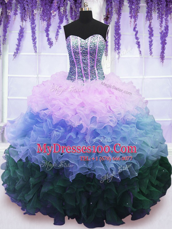 Floor Length Multi-color Ball Gown Prom Dress Organza Sleeveless Beading and Ruffles and Ruffled Layers