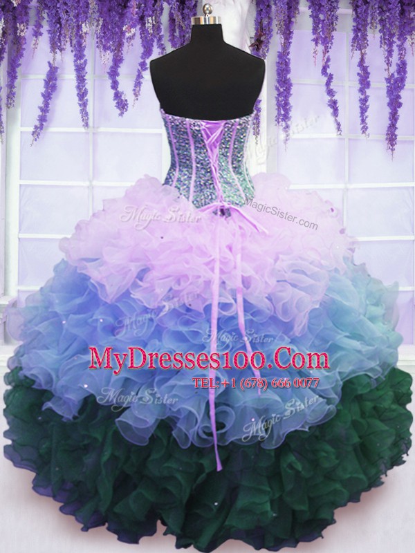 Floor Length Multi-color Ball Gown Prom Dress Organza Sleeveless Beading and Ruffles and Ruffled Layers