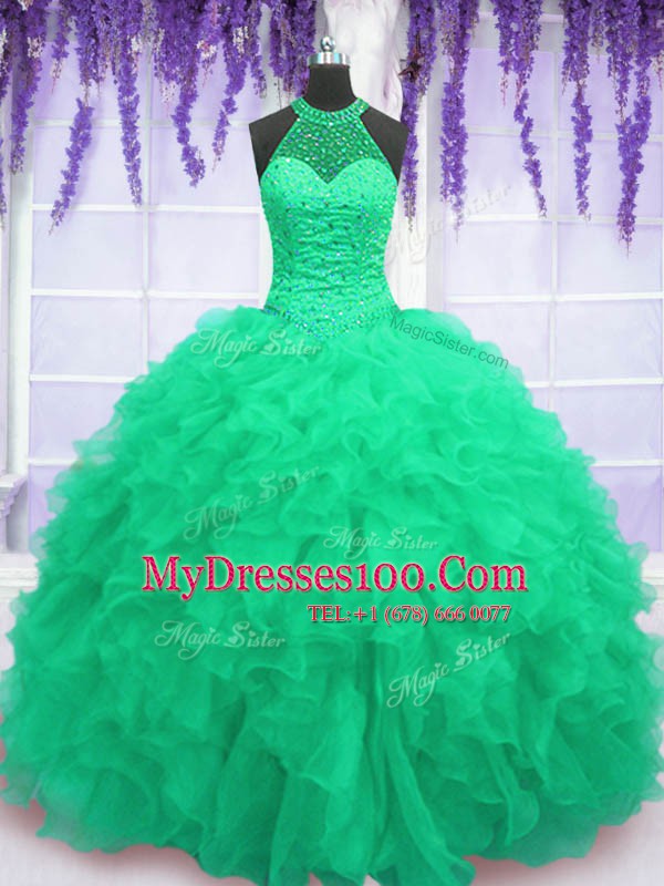 Sophisticated Turquoise Lace Up Sweet 16 Quinceanera Dress Beading and Ruffles Sleeveless Floor Length