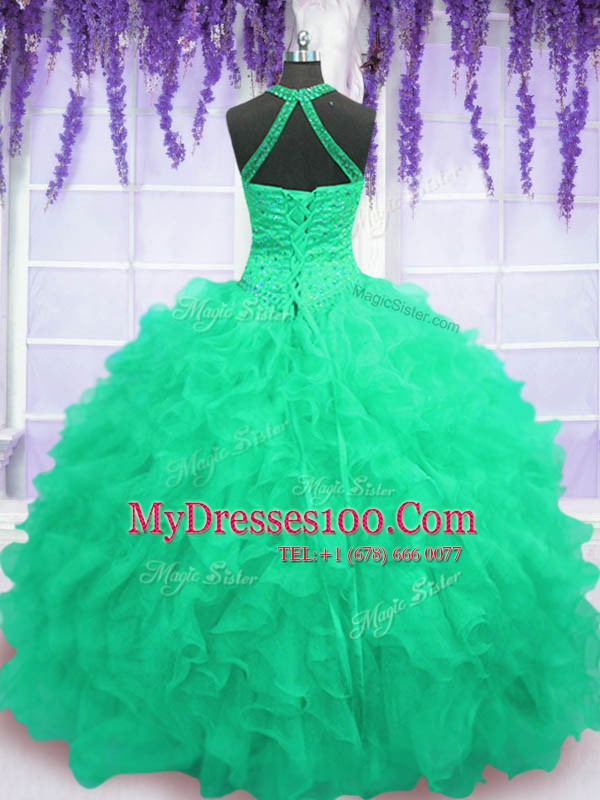 Sophisticated Turquoise Lace Up Sweet 16 Quinceanera Dress Beading and Ruffles Sleeveless Floor Length