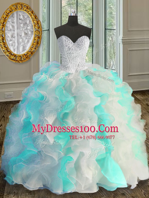 Adorable Multi-color Lace Up Quinceanera Gown Beading and Ruffles Sleeveless Floor Length
