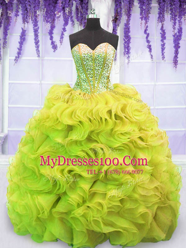 Yellow Green Lace Up Quinceanera Dresses Beading and Ruffles Sleeveless Sweep Train
