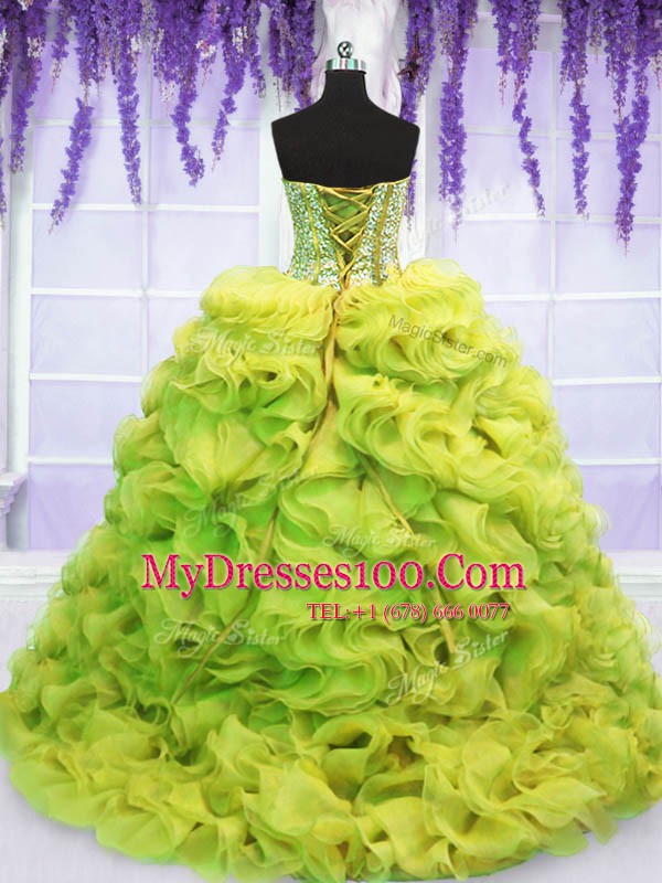 Yellow Green Lace Up Quinceanera Dresses Beading and Ruffles Sleeveless Sweep Train