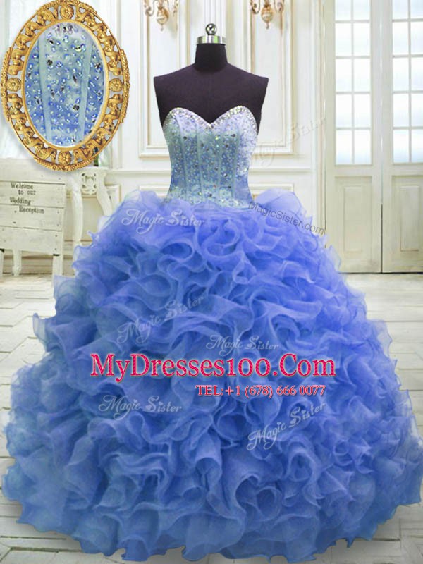 Fantastic Blue Organza Lace Up Ball Gown Prom Dress Sleeveless Sweep Train Beading and Ruffles