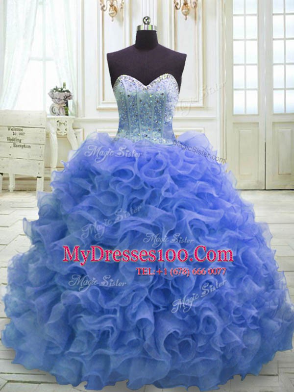 Fantastic Blue Organza Lace Up Ball Gown Prom Dress Sleeveless Sweep Train Beading and Ruffles