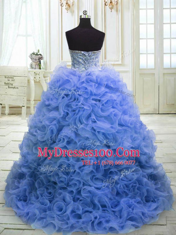 Fantastic Blue Organza Lace Up Ball Gown Prom Dress Sleeveless Sweep Train Beading and Ruffles