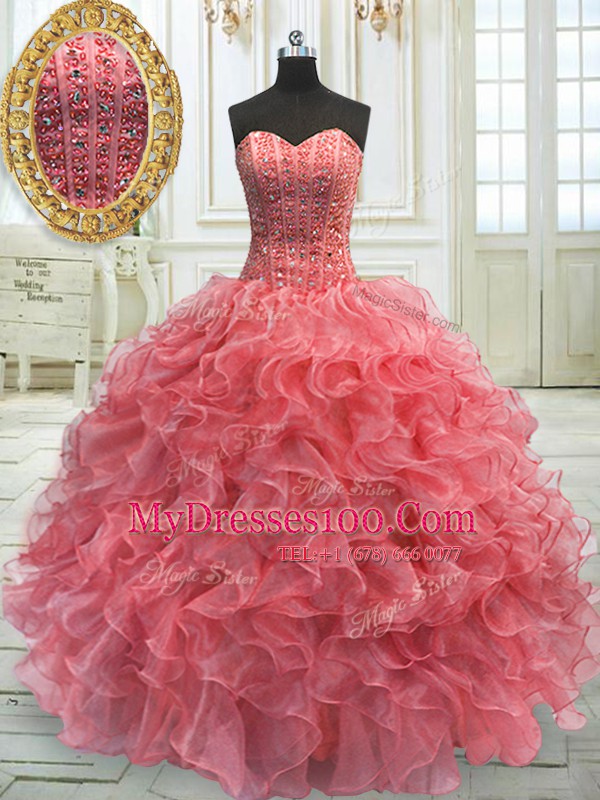 Glamorous Floor Length Watermelon Red Quinceanera Dresses Sweetheart Sleeveless Lace Up