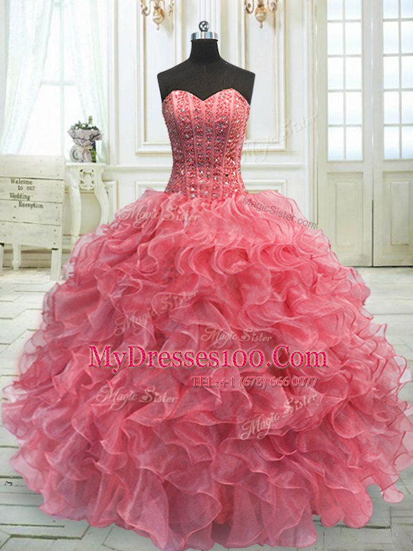 Glamorous Floor Length Watermelon Red Quinceanera Dresses Sweetheart Sleeveless Lace Up