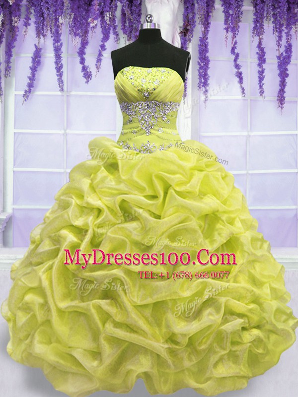 Strapless Sleeveless Vestidos de Quinceanera Floor Length Beading Yellow Green Organza