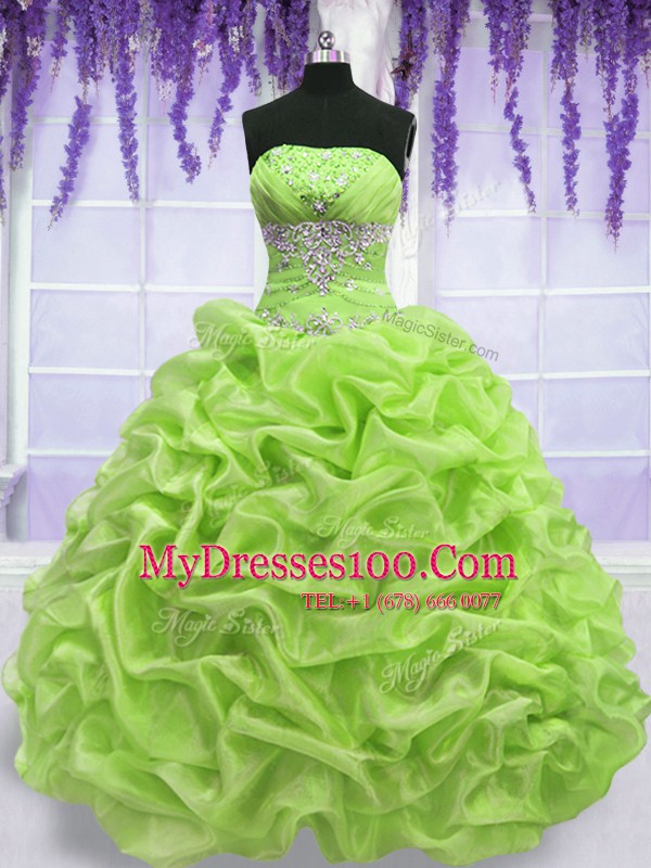 Glamorous Yellow Green Ball Gowns Strapless Sleeveless Organza Floor Length Lace Up Beading and Pick Ups Sweet 16 Dress