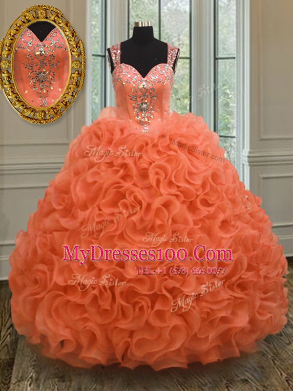 Simple Straps Floor Length Zipper Quinceanera Dresses Orange Red for Military Ball and Sweet 16 and Quinceanera with Beading and Ruffles