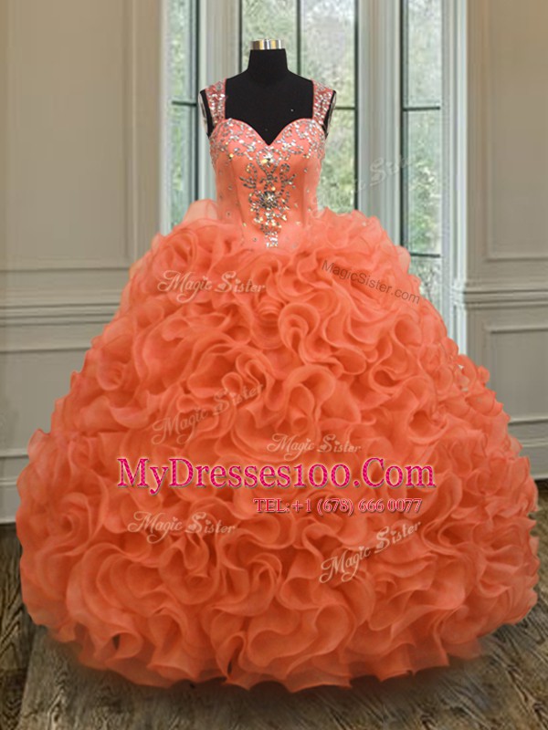 Simple Straps Floor Length Zipper Quinceanera Dresses Orange Red for Military Ball and Sweet 16 and Quinceanera with Beading and Ruffles
