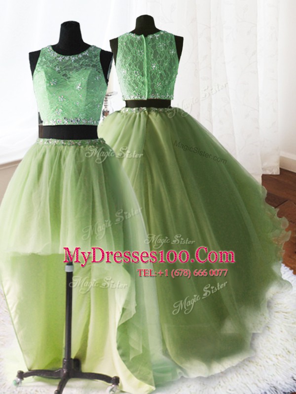 Gorgeous Three Piece Scoop Sleeveless Organza and Tulle and Lace Quinceanera Gowns Beading and Lace and Ruffles Brush Train Zipper