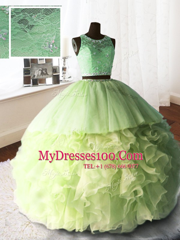 Gorgeous Three Piece Scoop Sleeveless Organza and Tulle and Lace Quinceanera Gowns Beading and Lace and Ruffles Brush Train Zipper
