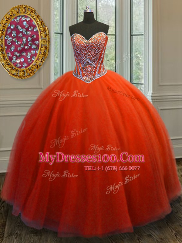 Pretty Sleeveless Floor Length Beading Lace Up Quinceanera Dresses with Red