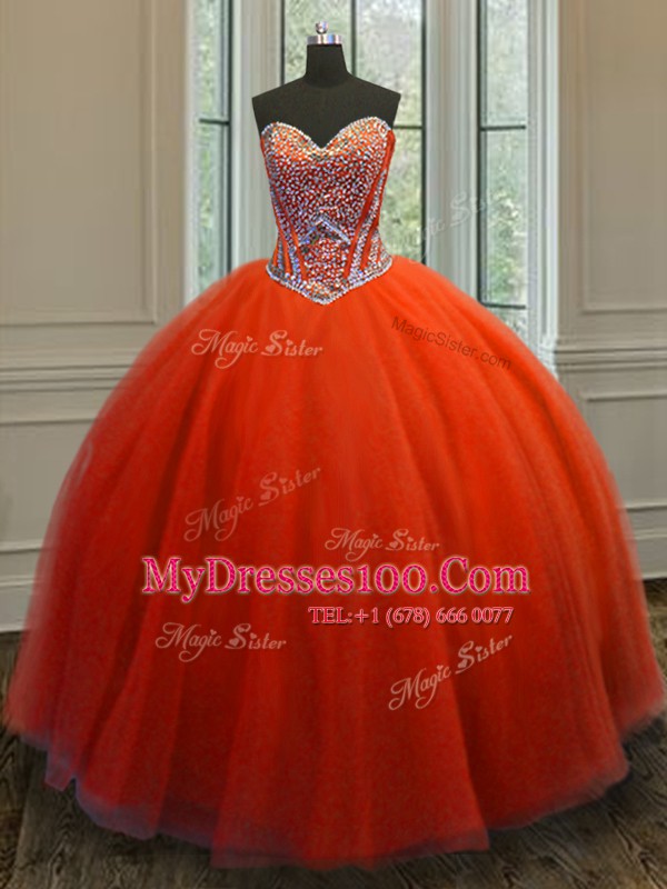 Pretty Sleeveless Floor Length Beading Lace Up Quinceanera Dresses with Red