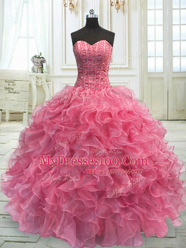 Romantic Rose Pink Sweetheart Neckline Beading and Ruffles Vestidos de Quinceanera Sleeveless Lace Up