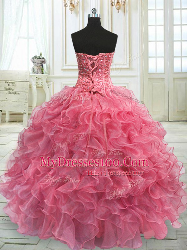 Romantic Rose Pink Sweetheart Neckline Beading and Ruffles Vestidos de Quinceanera Sleeveless Lace Up