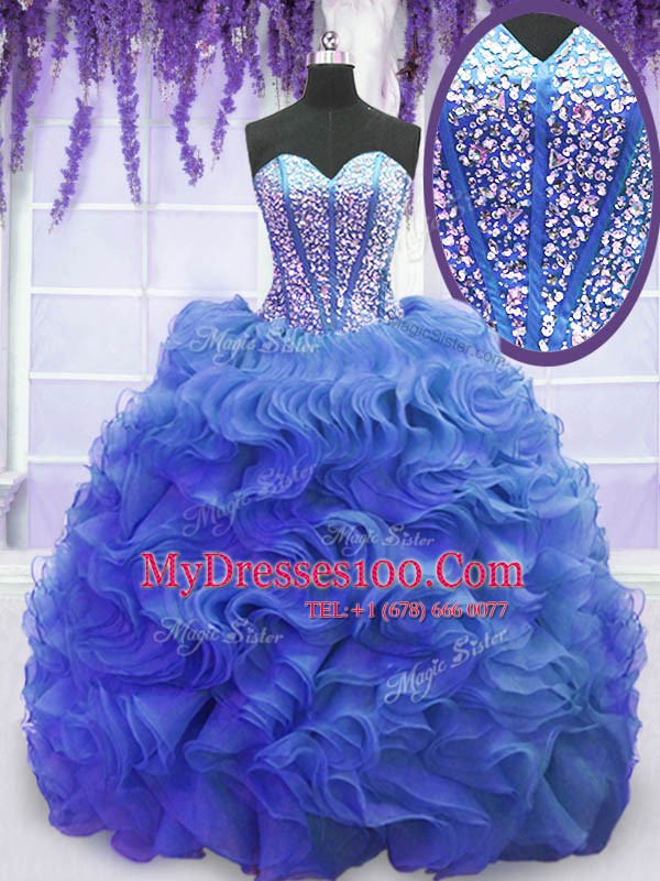 Sleeveless Organza Sweep Train Lace Up 15 Quinceanera Dress in Royal Blue with Beading and Ruffles