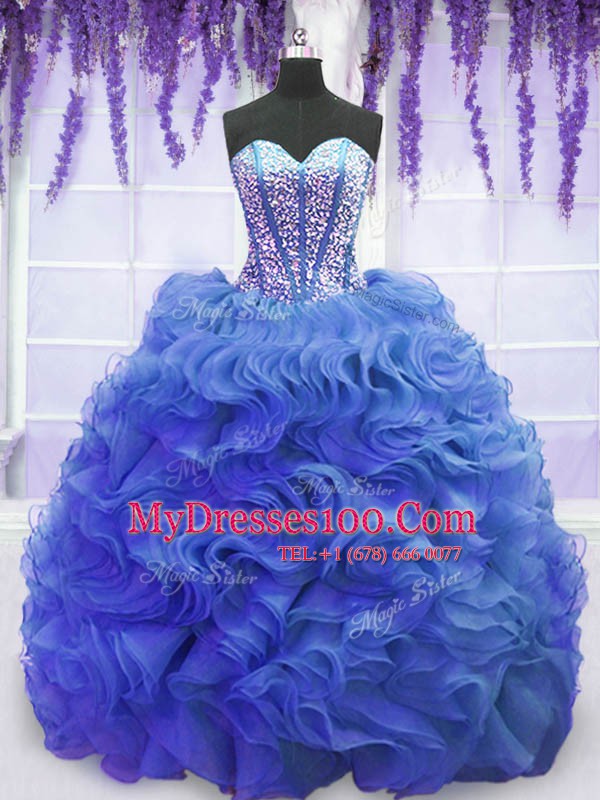 Sleeveless Organza Sweep Train Lace Up 15 Quinceanera Dress in Royal Blue with Beading and Ruffles