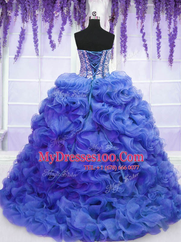 Sleeveless Organza Sweep Train Lace Up 15 Quinceanera Dress in Royal Blue with Beading and Ruffles