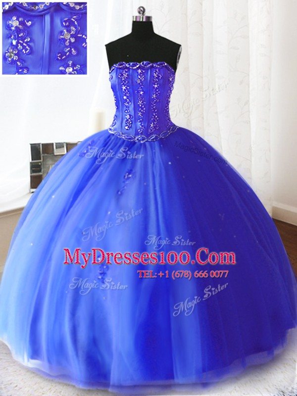Comfortable Ball Gowns Quinceanera Gown Royal Blue Strapless Tulle Sleeveless Floor Length Lace Up