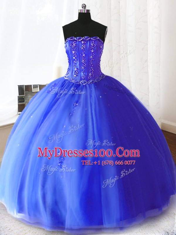 Comfortable Ball Gowns Quinceanera Gown Royal Blue Strapless Tulle Sleeveless Floor Length Lace Up