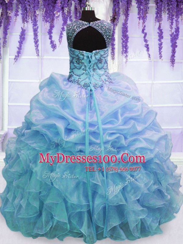 Colorful Scoop Blue Sleeveless Beading and Pick Ups Floor Length Quince Ball Gowns