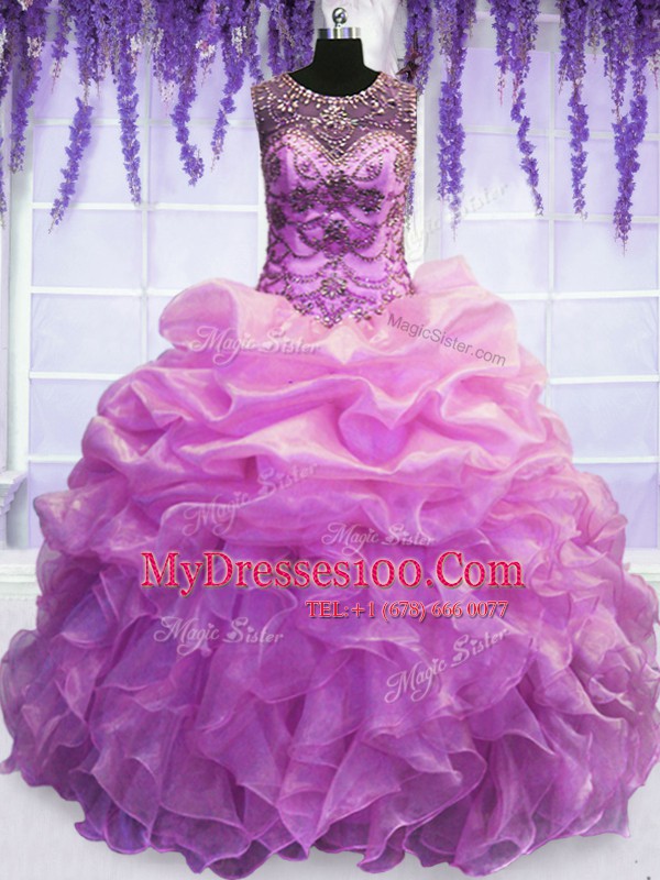 Customized Pick Ups Ball Gowns Sweet 16 Dress Lilac Scoop Organza Sleeveless Floor Length Lace Up