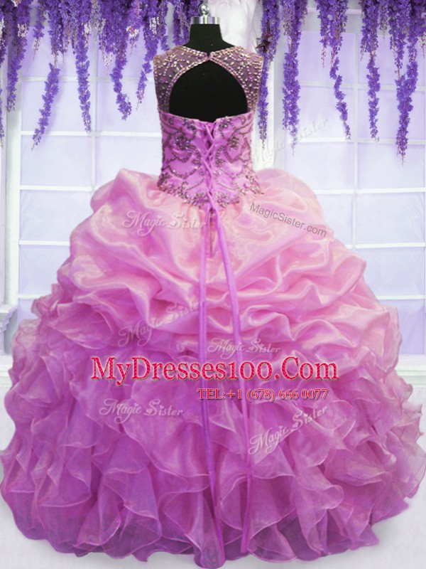 Customized Pick Ups Ball Gowns Sweet 16 Dress Lilac Scoop Organza Sleeveless Floor Length Lace Up