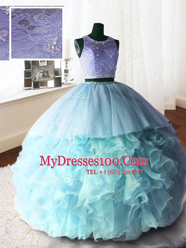 Clearance Scoop Lace With Train Ball Gowns Sleeveless Baby Blue Quinceanera Gowns Brush Train Zipper