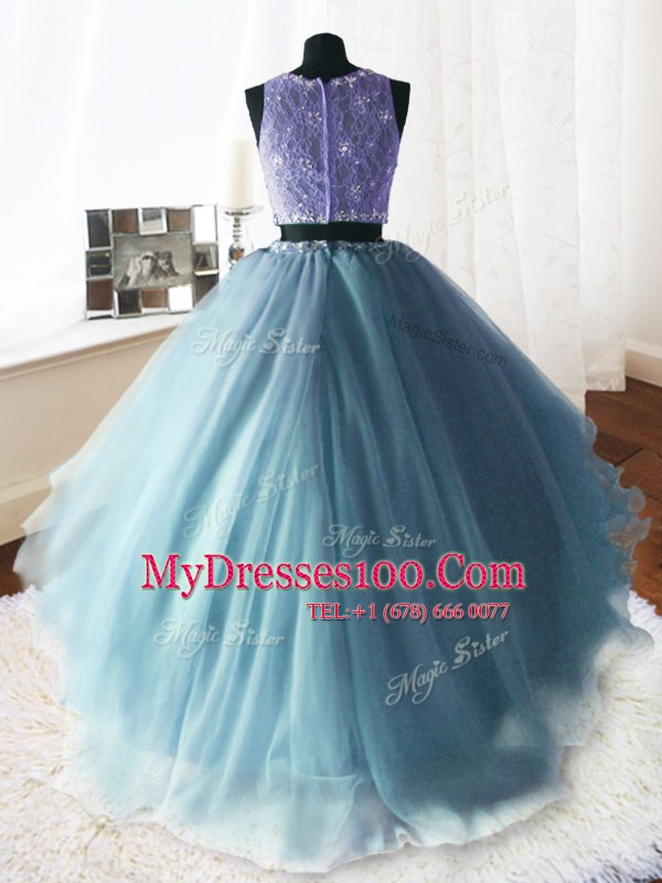 Clearance Scoop Lace With Train Ball Gowns Sleeveless Baby Blue Quinceanera Gowns Brush Train Zipper