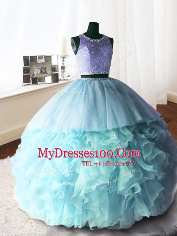 Clearance Scoop Lace With Train Ball Gowns Sleeveless Baby Blue Quinceanera Gowns Brush Train Zipper