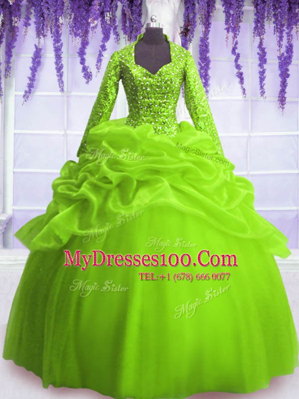 Amazing Long Sleeves Zipper Floor Length Sequins and Pick Ups Quince Ball Gowns