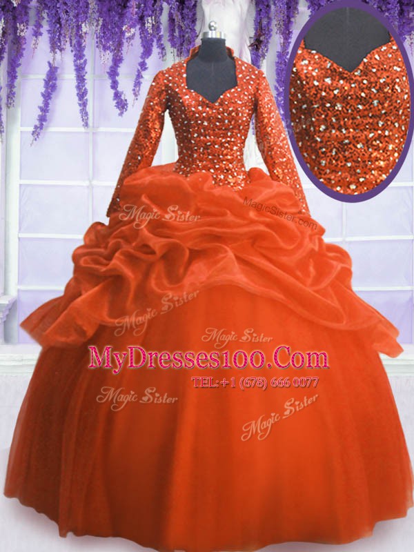 Elegant Orange Red Long Sleeves Floor Length Sequins and Pick Ups Zipper Sweet 16 Dress