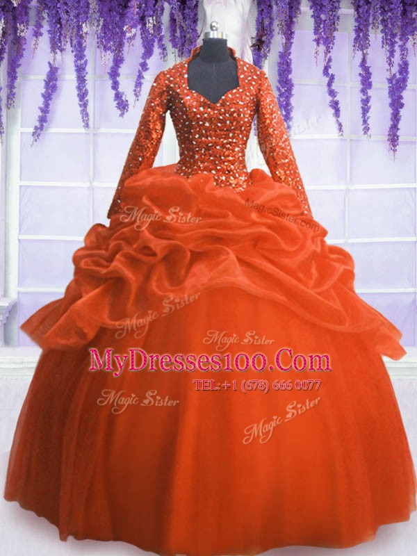 Elegant Orange Red Long Sleeves Floor Length Sequins and Pick Ups Zipper Sweet 16 Dress