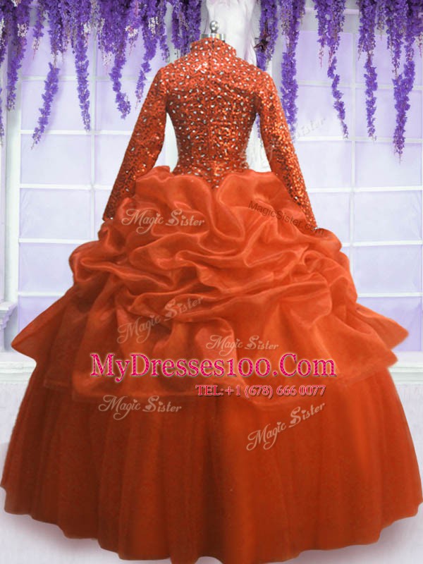 Elegant Orange Red Long Sleeves Floor Length Sequins and Pick Ups Zipper Sweet 16 Dress