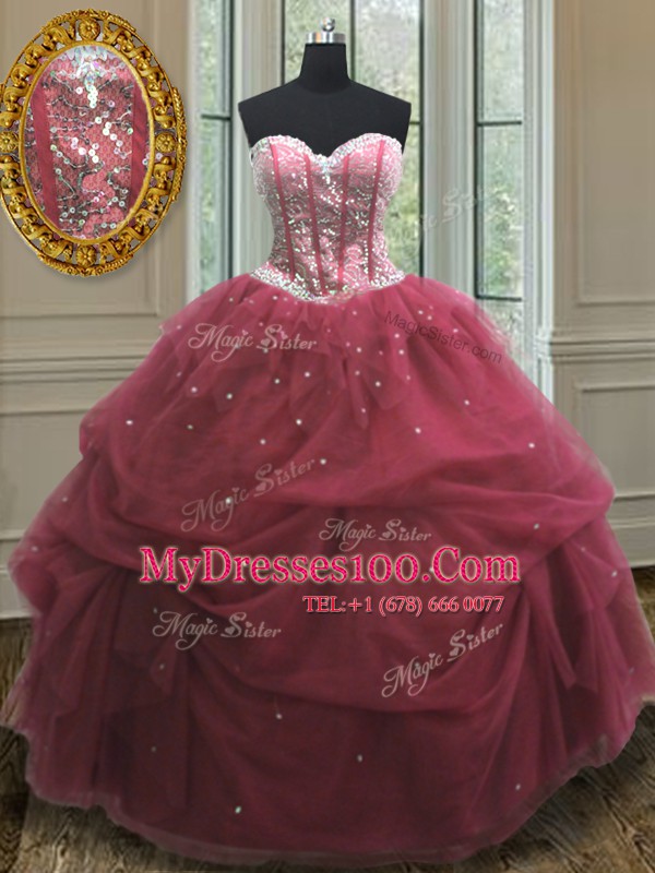 Excellent Sequins Pick Ups Ball Gowns Sweet 16 Dress Burgundy Sweetheart Organza Sleeveless Floor Length Lace Up