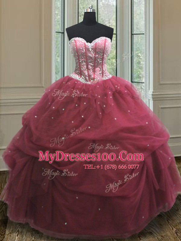 Excellent Sequins Pick Ups Ball Gowns Sweet 16 Dress Burgundy Sweetheart Organza Sleeveless Floor Length Lace Up