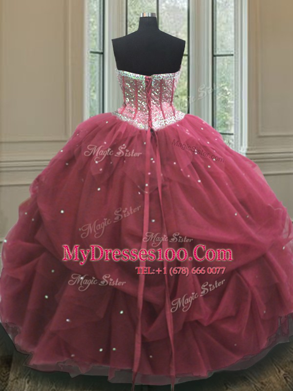 Excellent Sequins Pick Ups Ball Gowns Sweet 16 Dress Burgundy Sweetheart Organza Sleeveless Floor Length Lace Up
