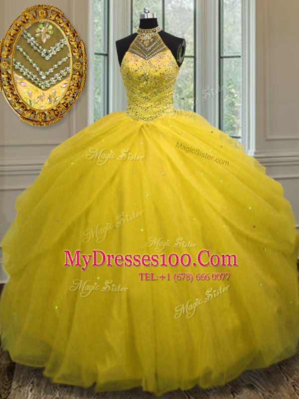 Custom Designed Gold Halter Top Neckline Beading Quinceanera Gown Sleeveless Lace Up