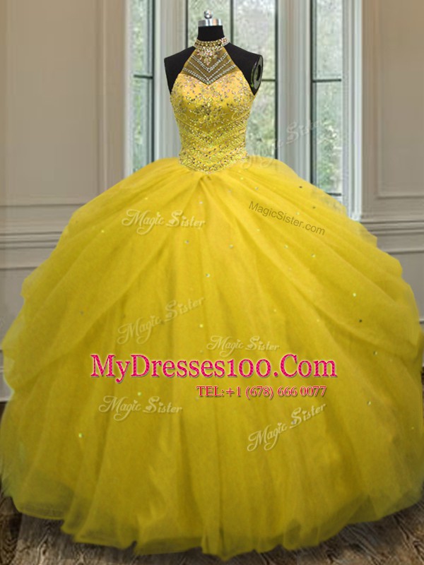 Custom Designed Gold Halter Top Neckline Beading Quinceanera Gown Sleeveless Lace Up