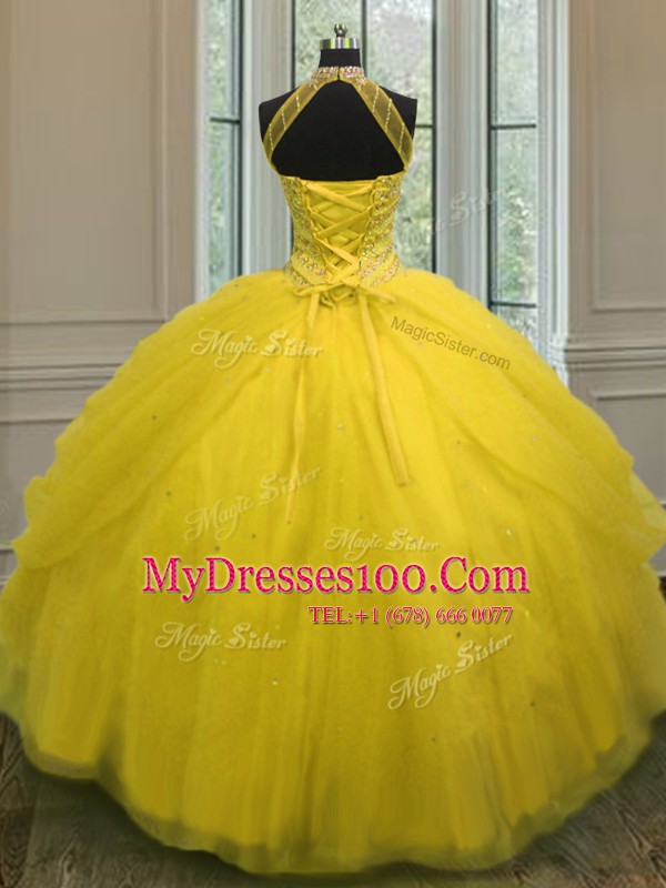 Custom Designed Gold Halter Top Neckline Beading Quinceanera Gown Sleeveless Lace Up