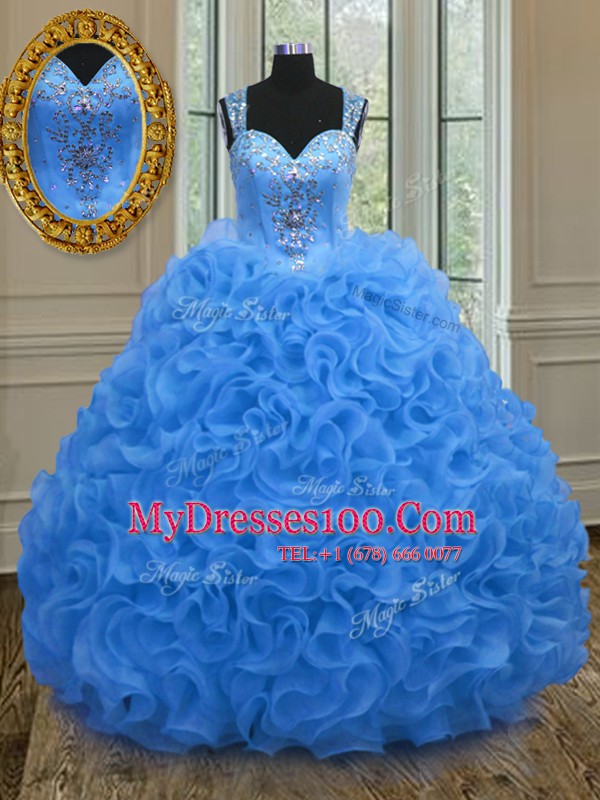 Super Straps Sleeveless Organza Quince Ball Gowns Beading and Ruffles Zipper