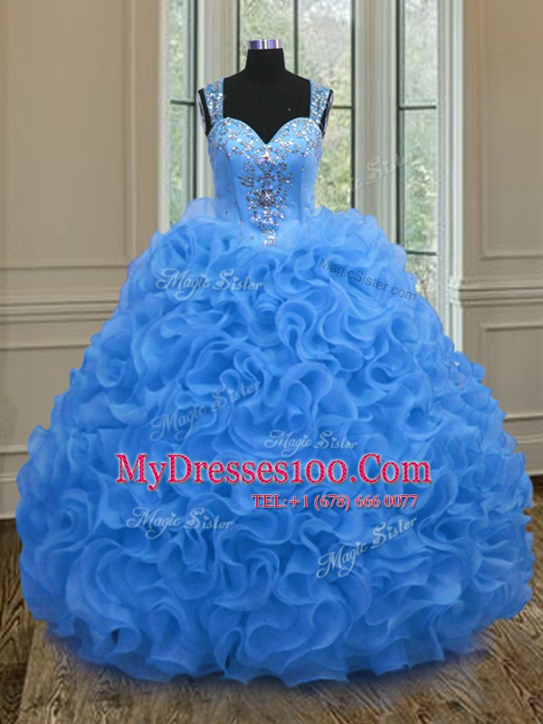 Super Straps Sleeveless Organza Quince Ball Gowns Beading and Ruffles Zipper