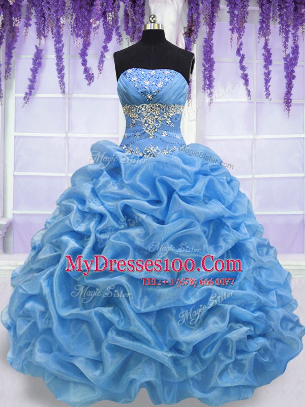 Adorable Floor Length Lace Up 15 Quinceanera Dress Blue for Military Ball and Sweet 16 and Quinceanera with Beading